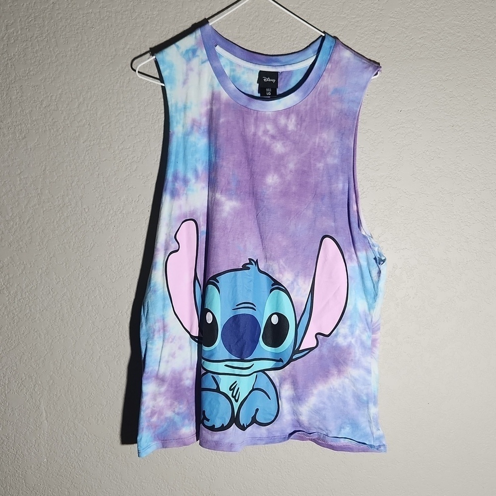Disney Stitch Shirt Size L Tye Dye Cutoff Sleeves Junior Womens